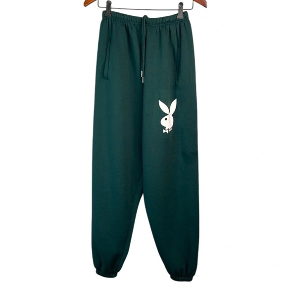 Playboy Booty Spellout Graphic Jogger Sweatpants Forest Green Bunny Pockets S - Picture 2 of 11
